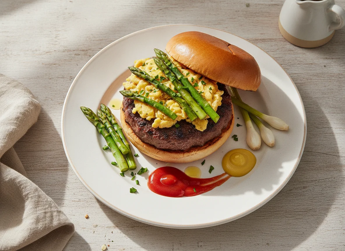 Hamburguesas con revuelto de espárragos y ajetes photo