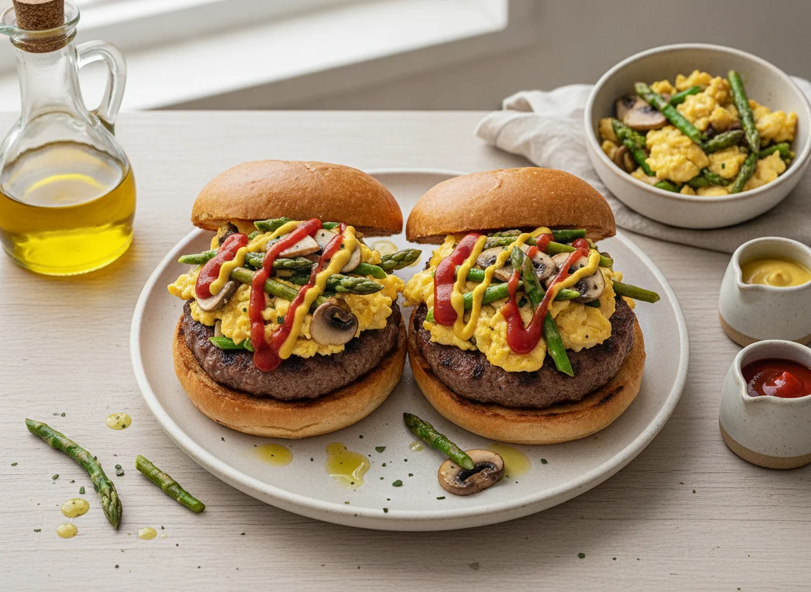 Hamburguesas con revuelto de espárragos y champiñones photo