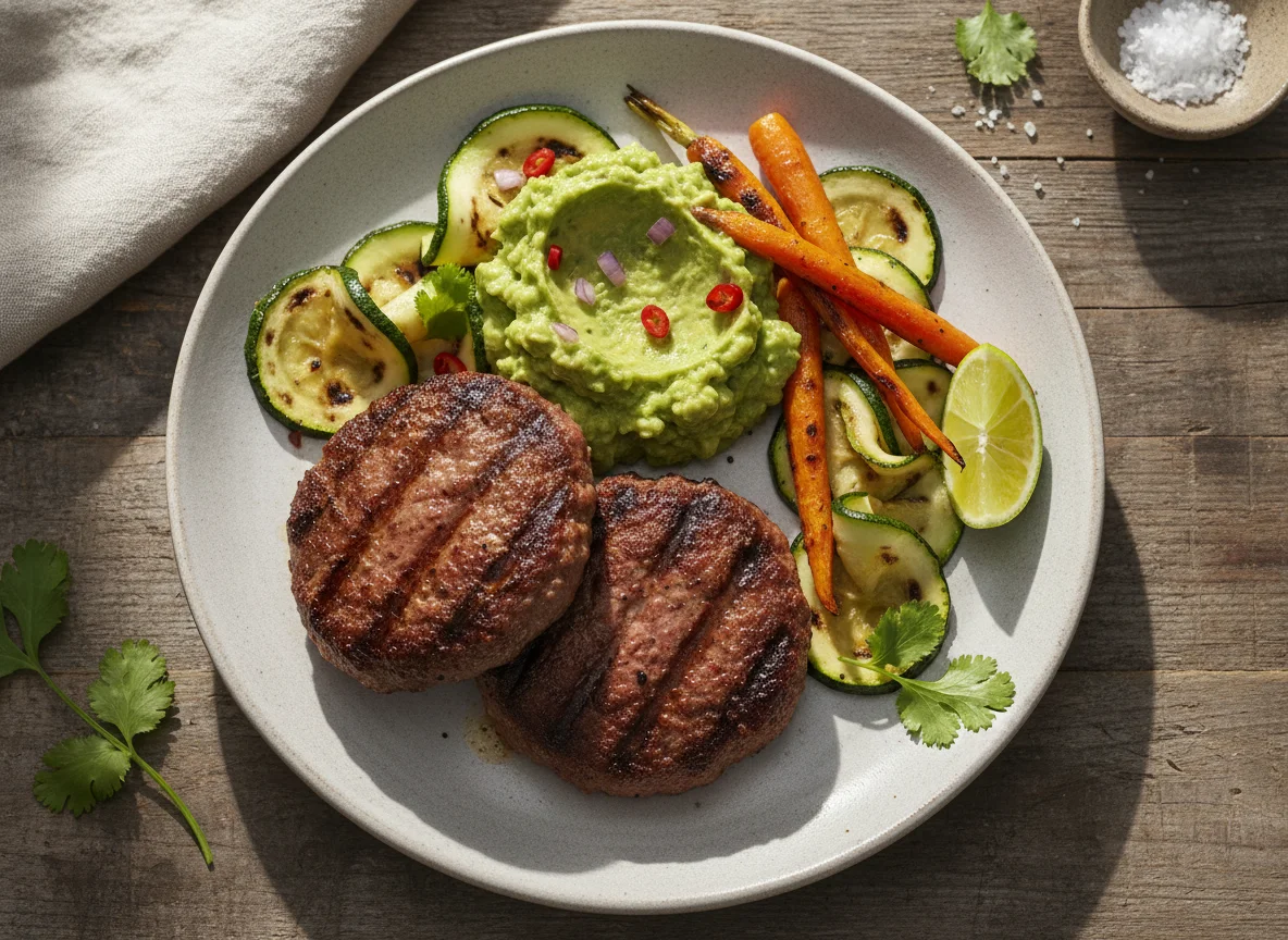 Hamburguesas de carne con guacamole y vegetales photo