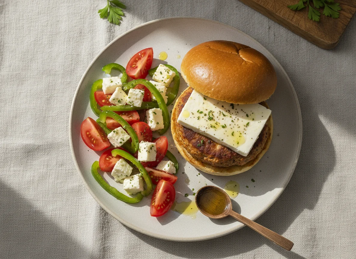 Hamburguesas de pavo con ensalada de tomate, queso fresco y pimientos asados photo