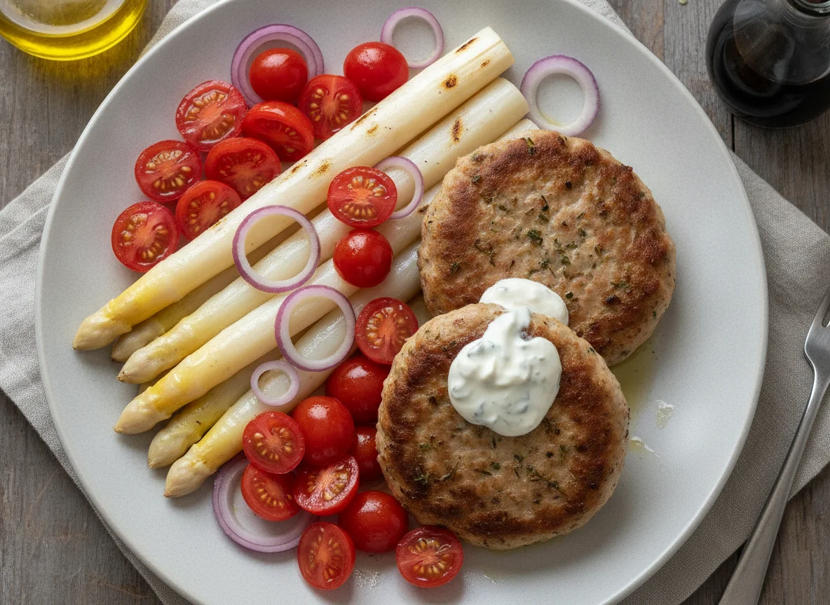 Hamburguesas de pavo con espárragos blancos y tomates cherry photo