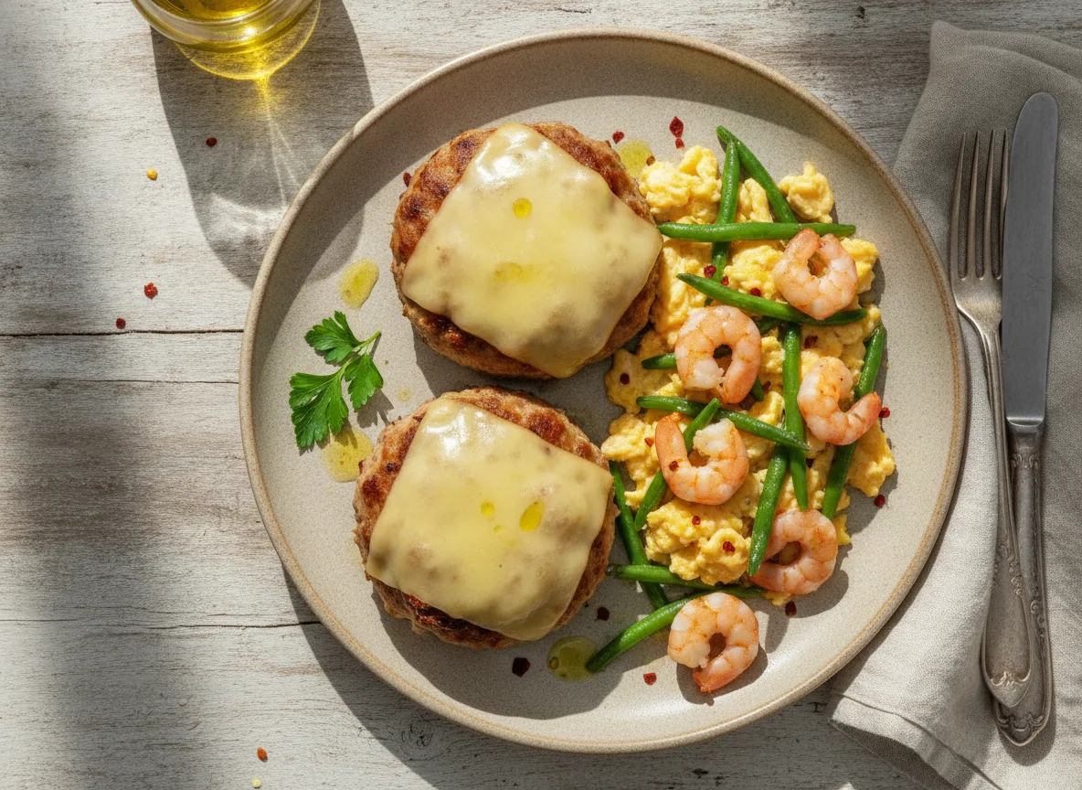 Hamburguesas de pavo con queso y revuelto de gambas con judías verdes photo