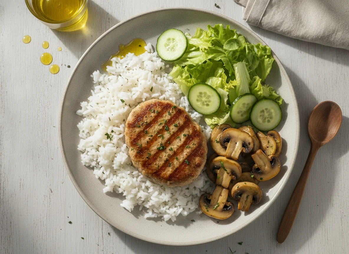 Hamburguesas de pollo con arroz, champiñones y ensalada photo