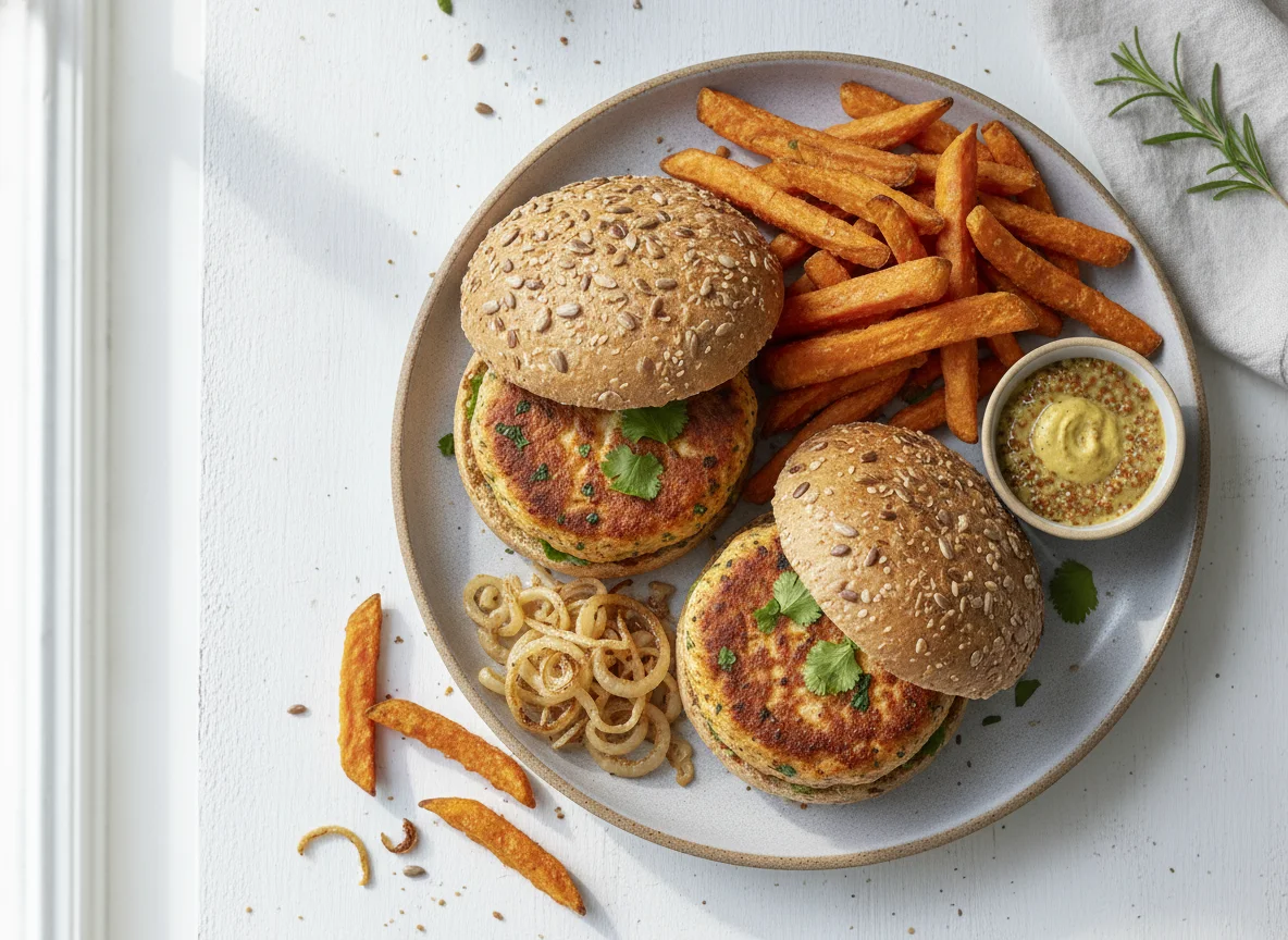 Hamburguesas de pollo con patatas fritas y pan integral photo