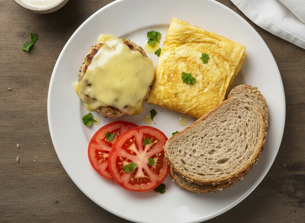 Hamburguesas de pollo con queso, omelette y pan integral photo