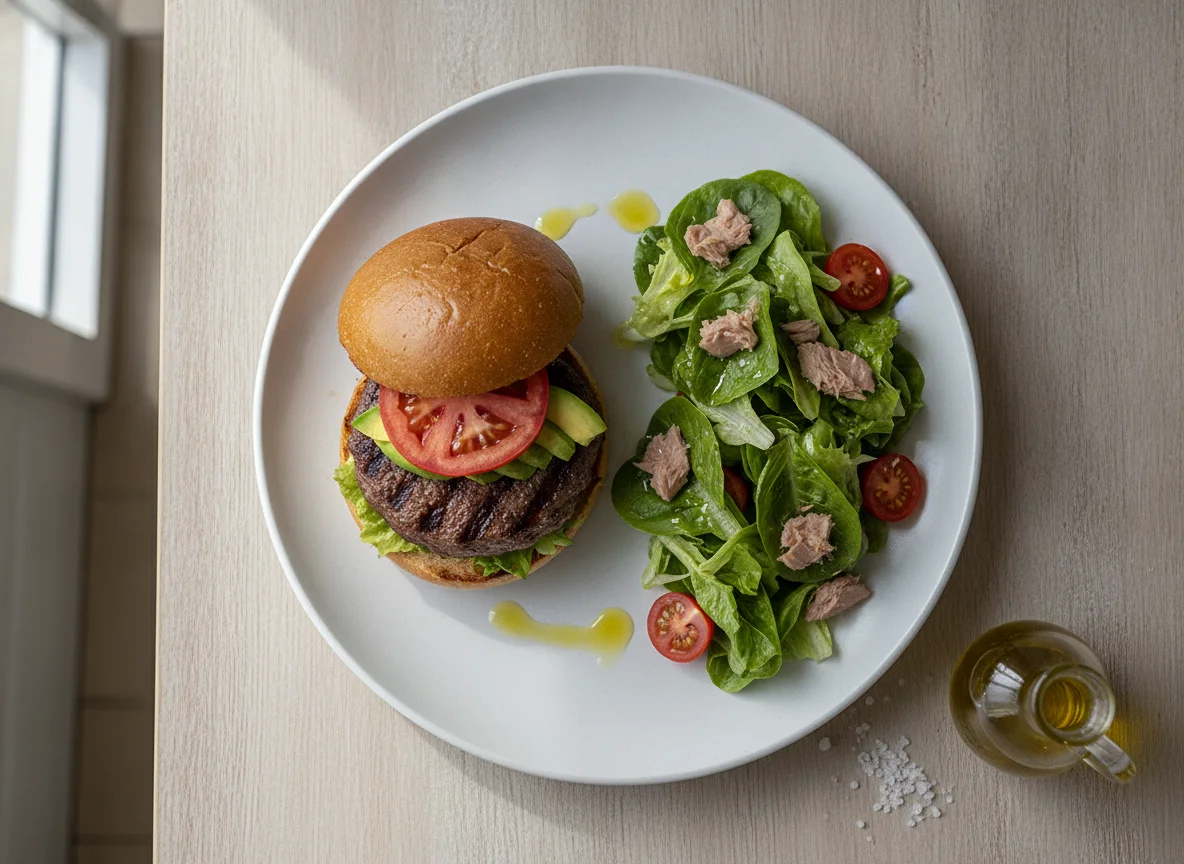 Hamburguesas de ternera con ensalada mixta photo