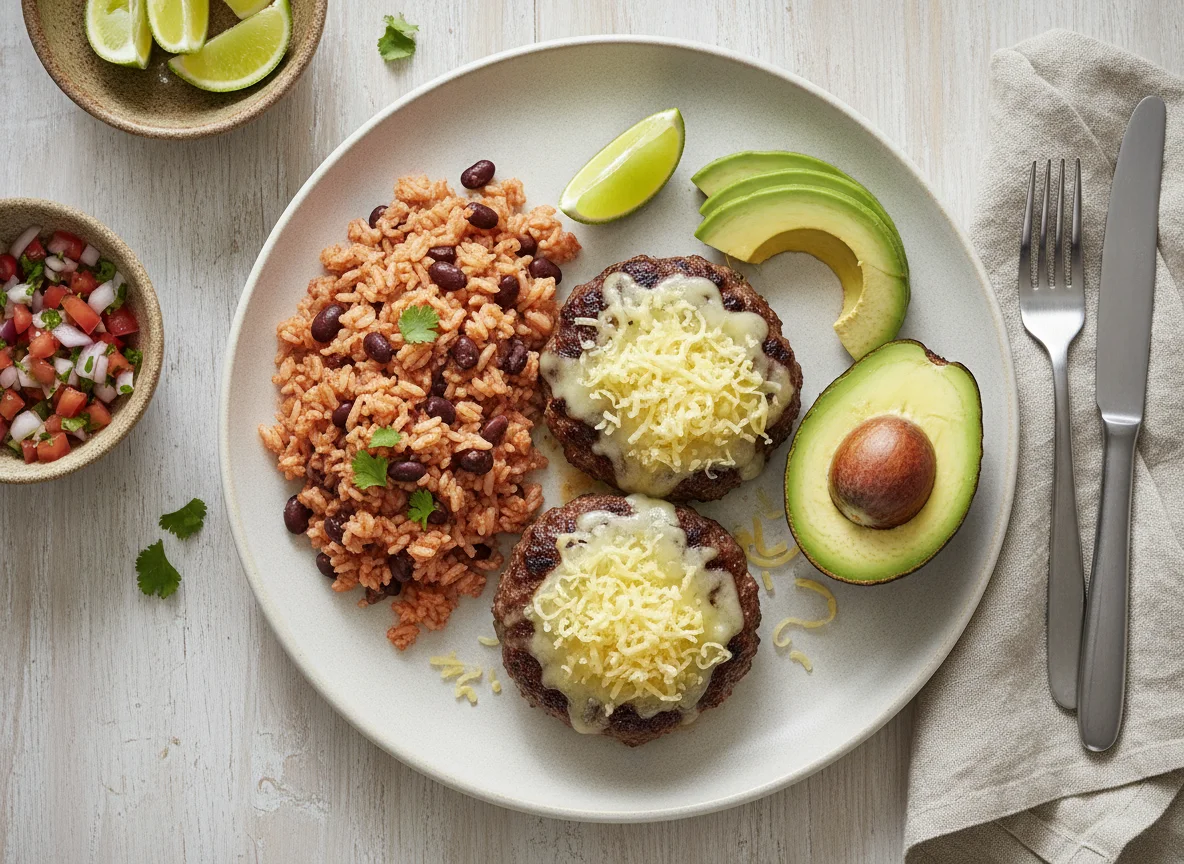 Hamburguesas de ternera con queso, arroz con frijoles y aguacate photo
