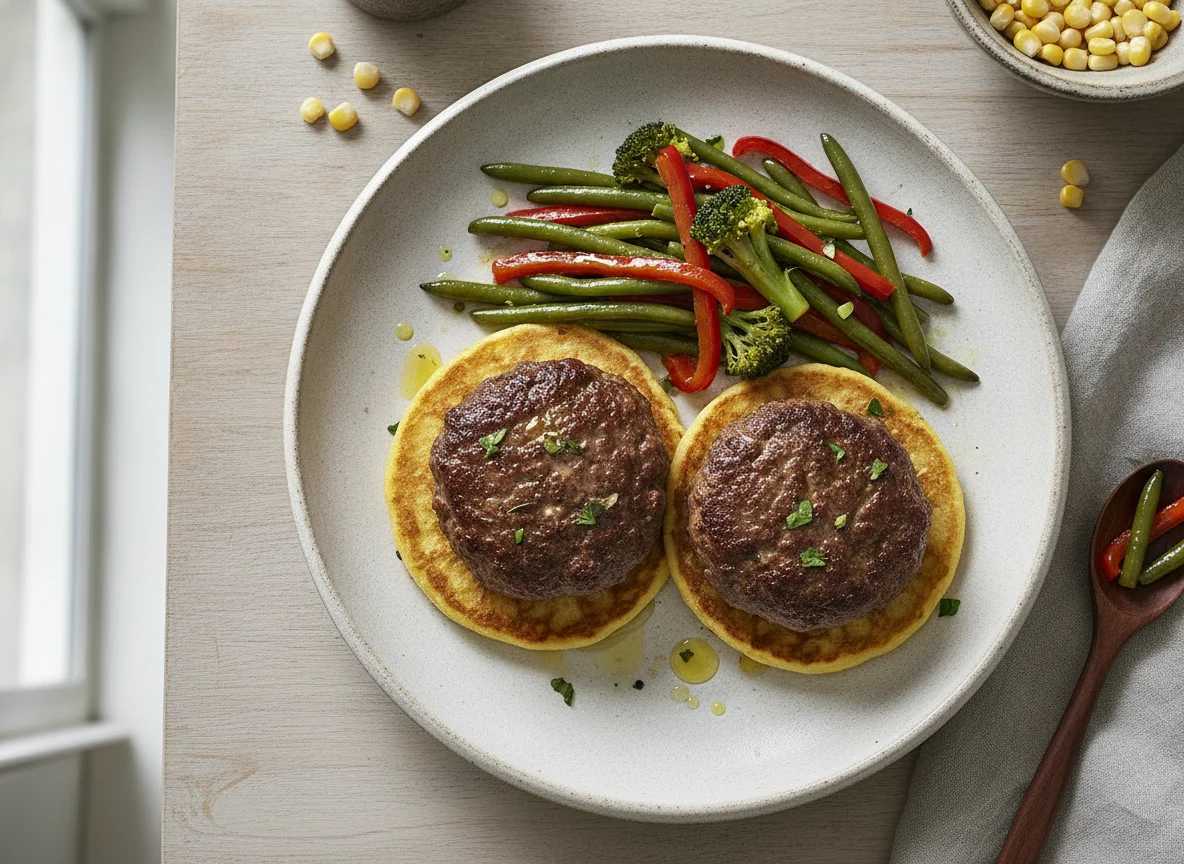 Hamburguesas de ternera con tortitas de maíz y verduras salteadas photo