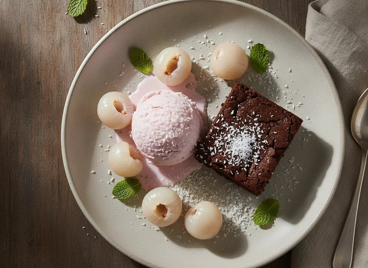 Helado con brownie, lichi y coco photo