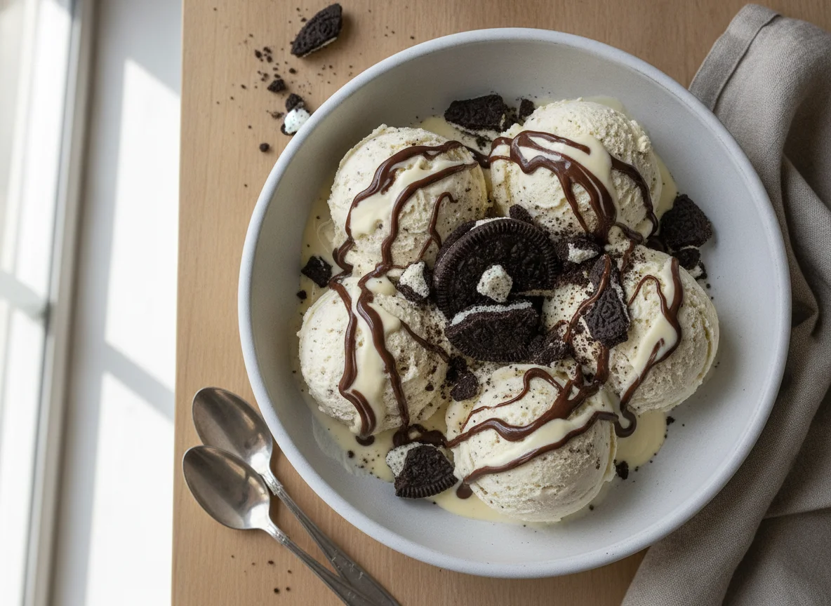 Helado de chocolate blanco y galleta photo