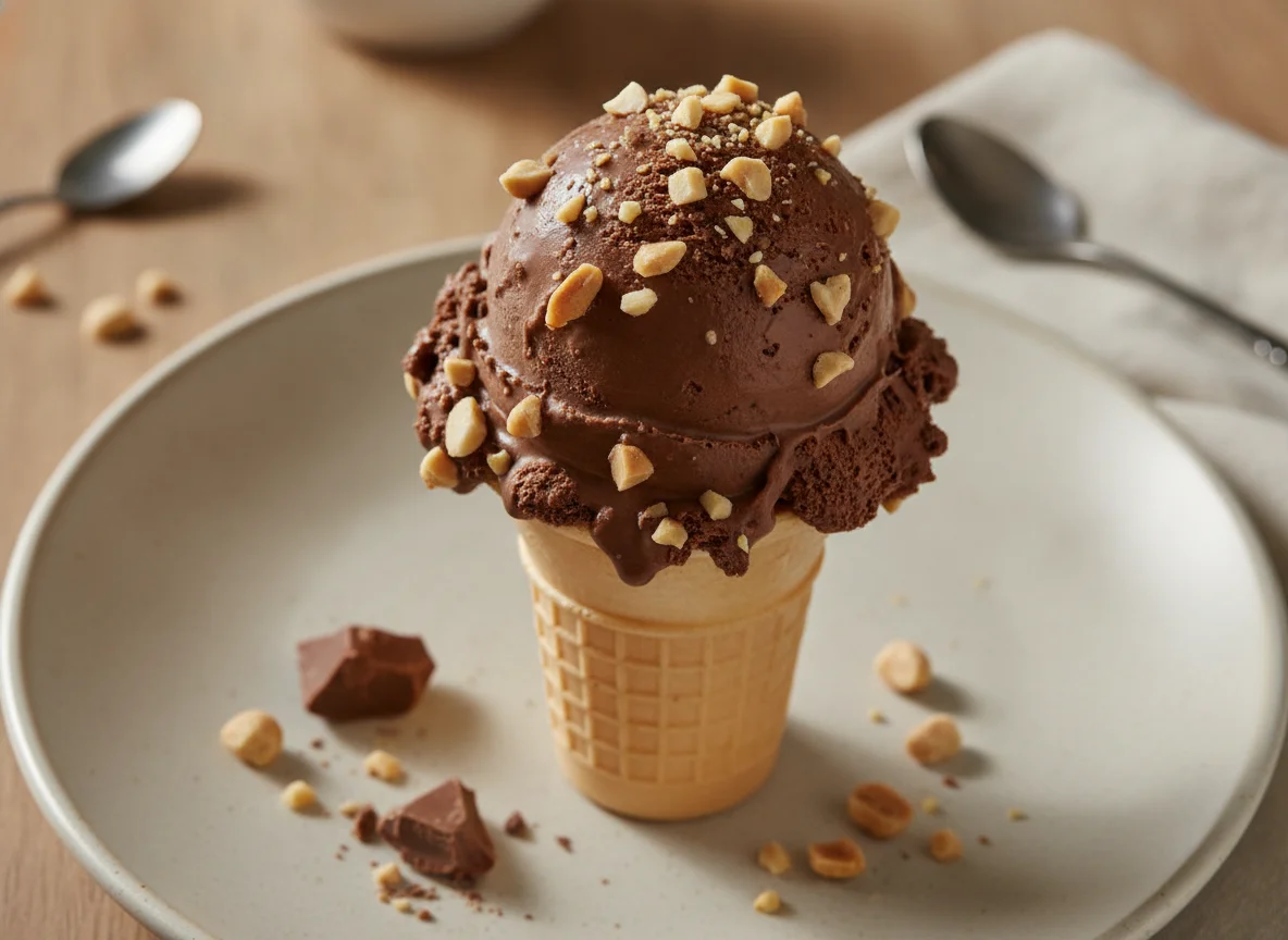 Helado de cono con chocolate y maní photo