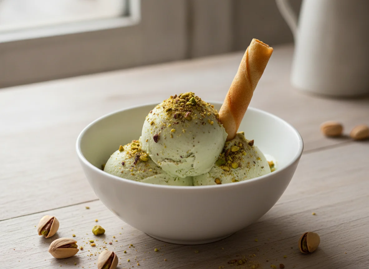 Helado de pistacho con barquillo photo