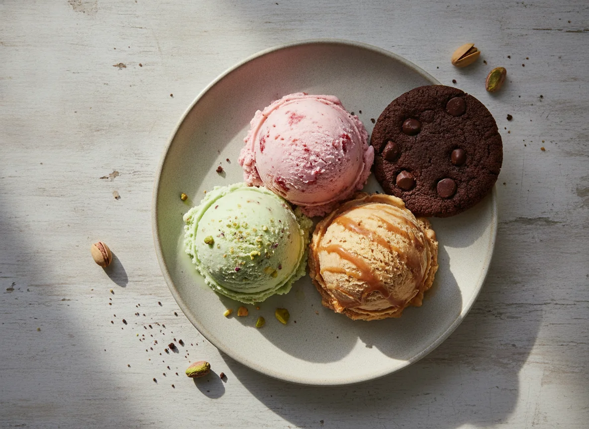 Helado de tres sabores con galleta photo