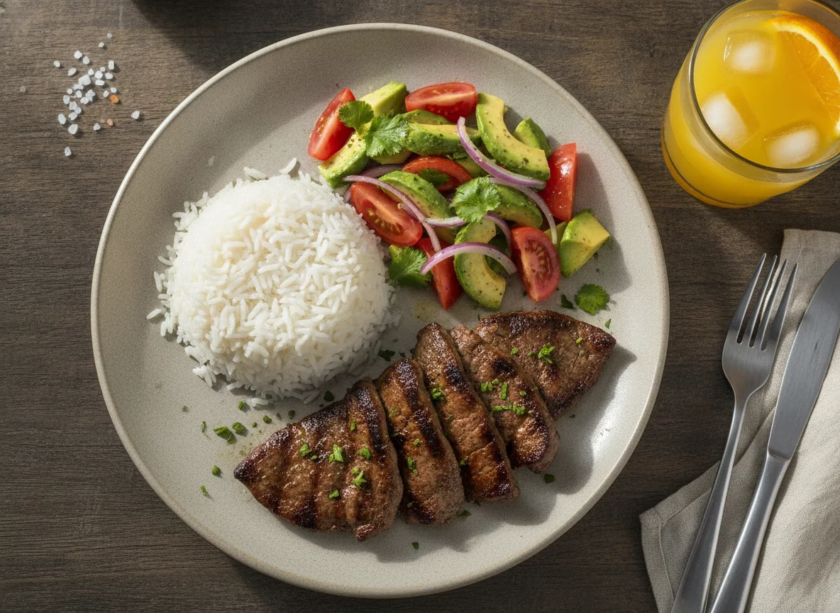 Hígado de res a la plancha con arroz, ensalada y jugo photo