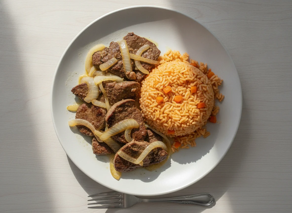 Hígado encebollado con arroz rojo photo