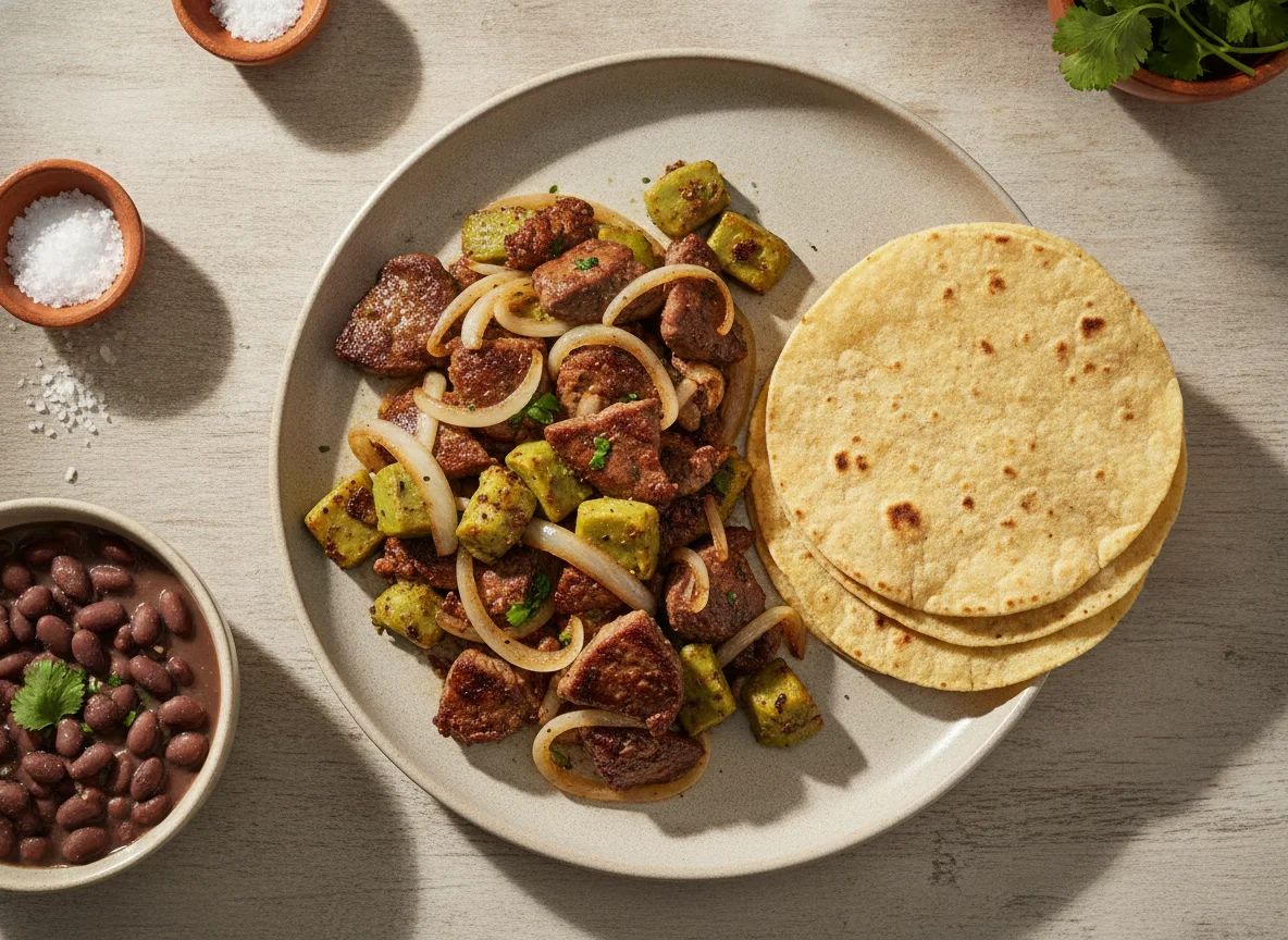 Hígado encebollado con nopales, frijoles y tortilla photo