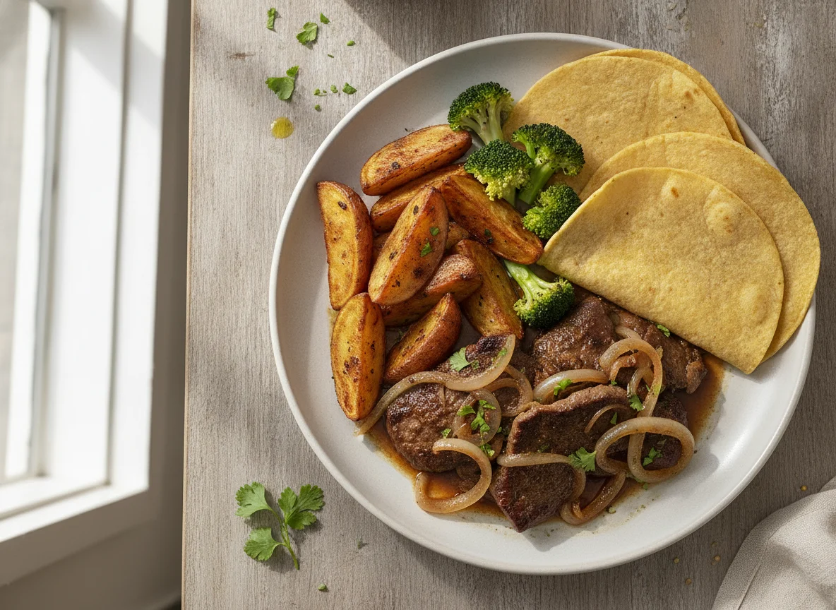 Hígado encebollado con papas, brócoli y tortillas photo