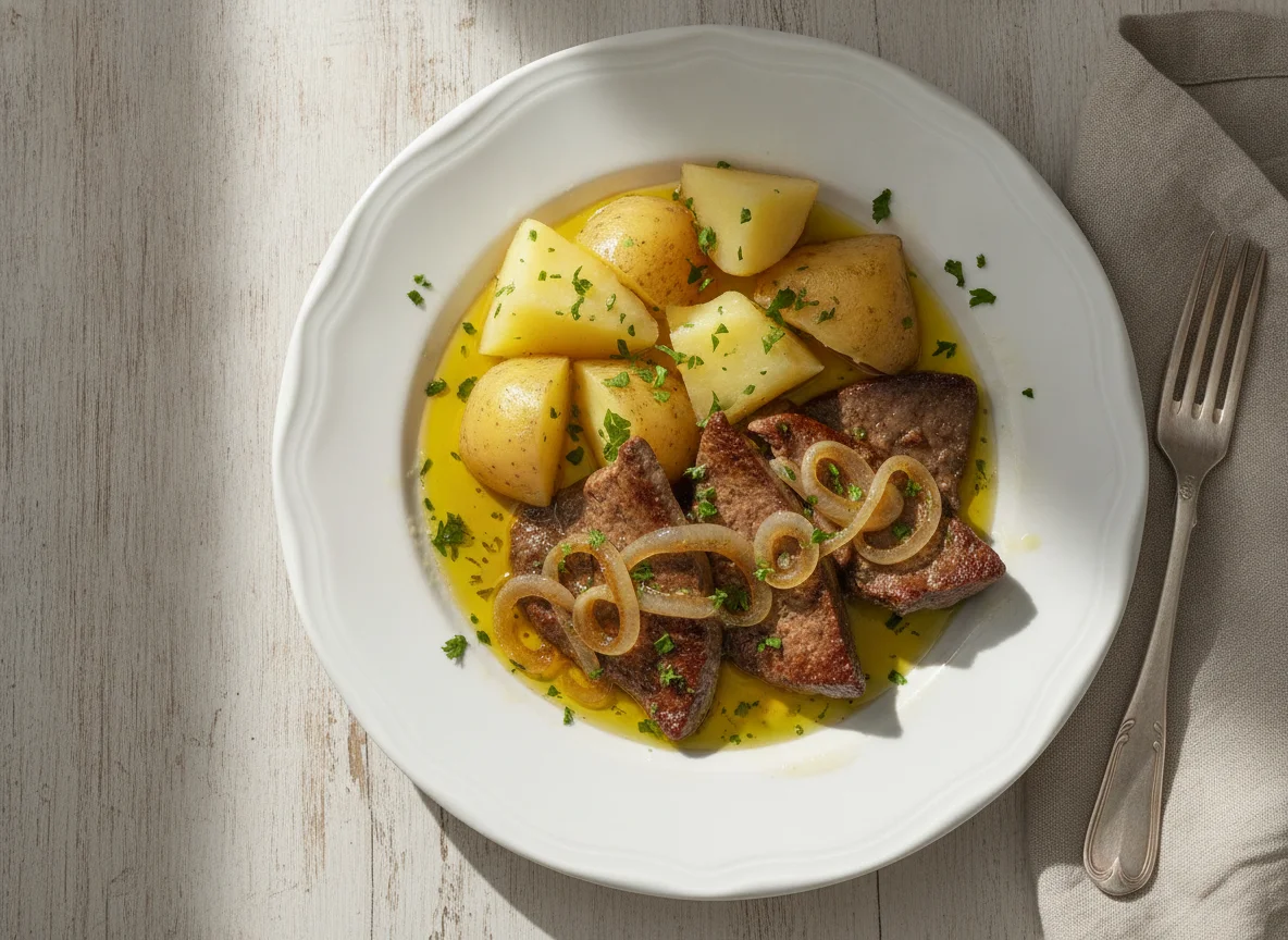 Hígado encebollado con patatas cocidas photo