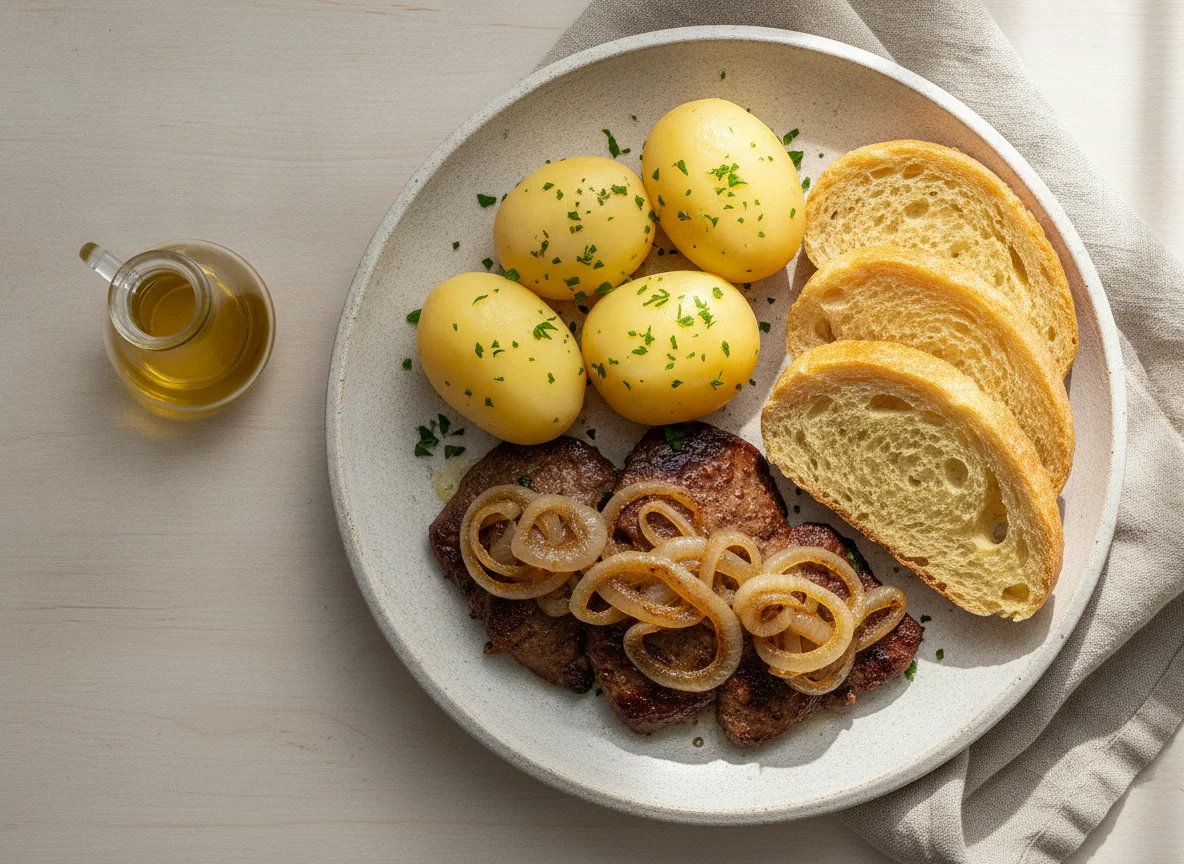 Hígado encebollado con patatas cocidas y pan sin gluten photo