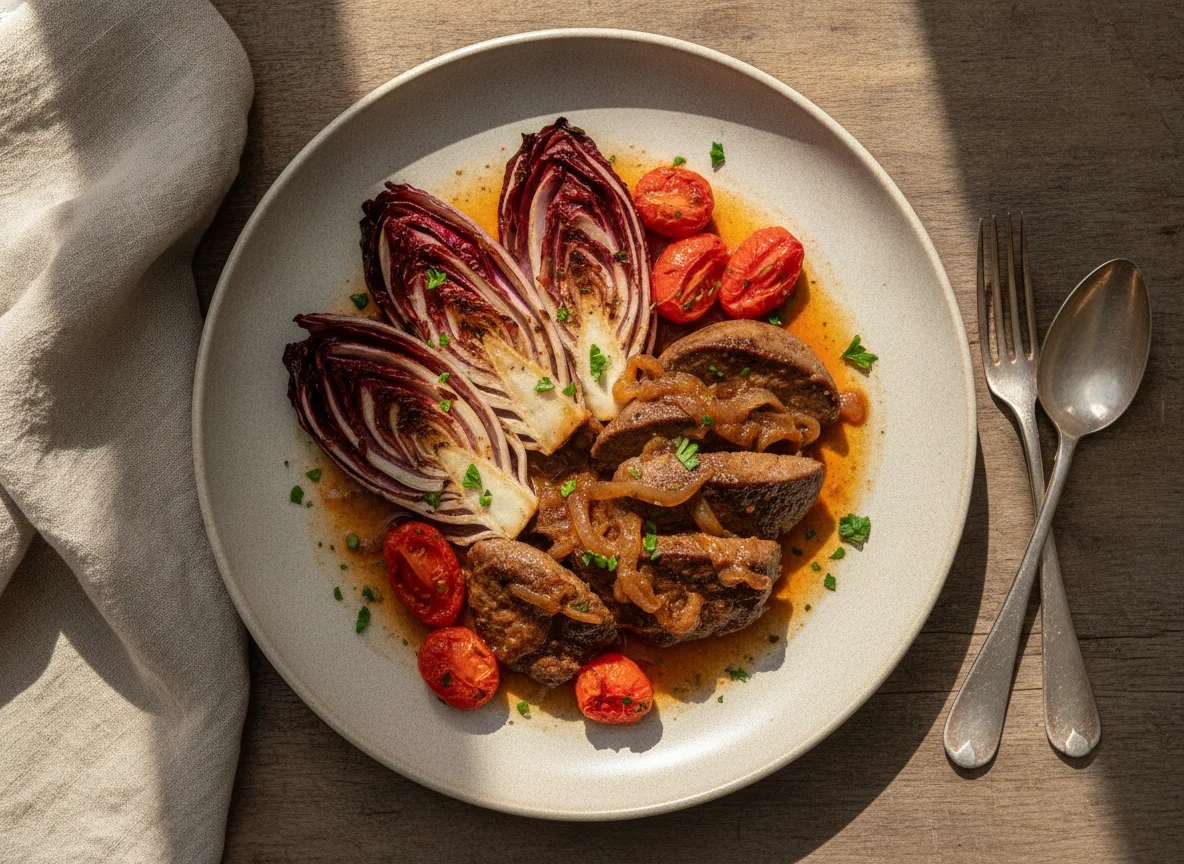 Hígado encebollado con radicchio y tomate photo