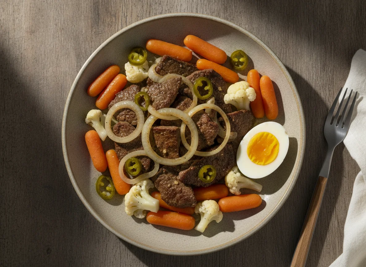 Hígado encebollado con verduras y huevo photo