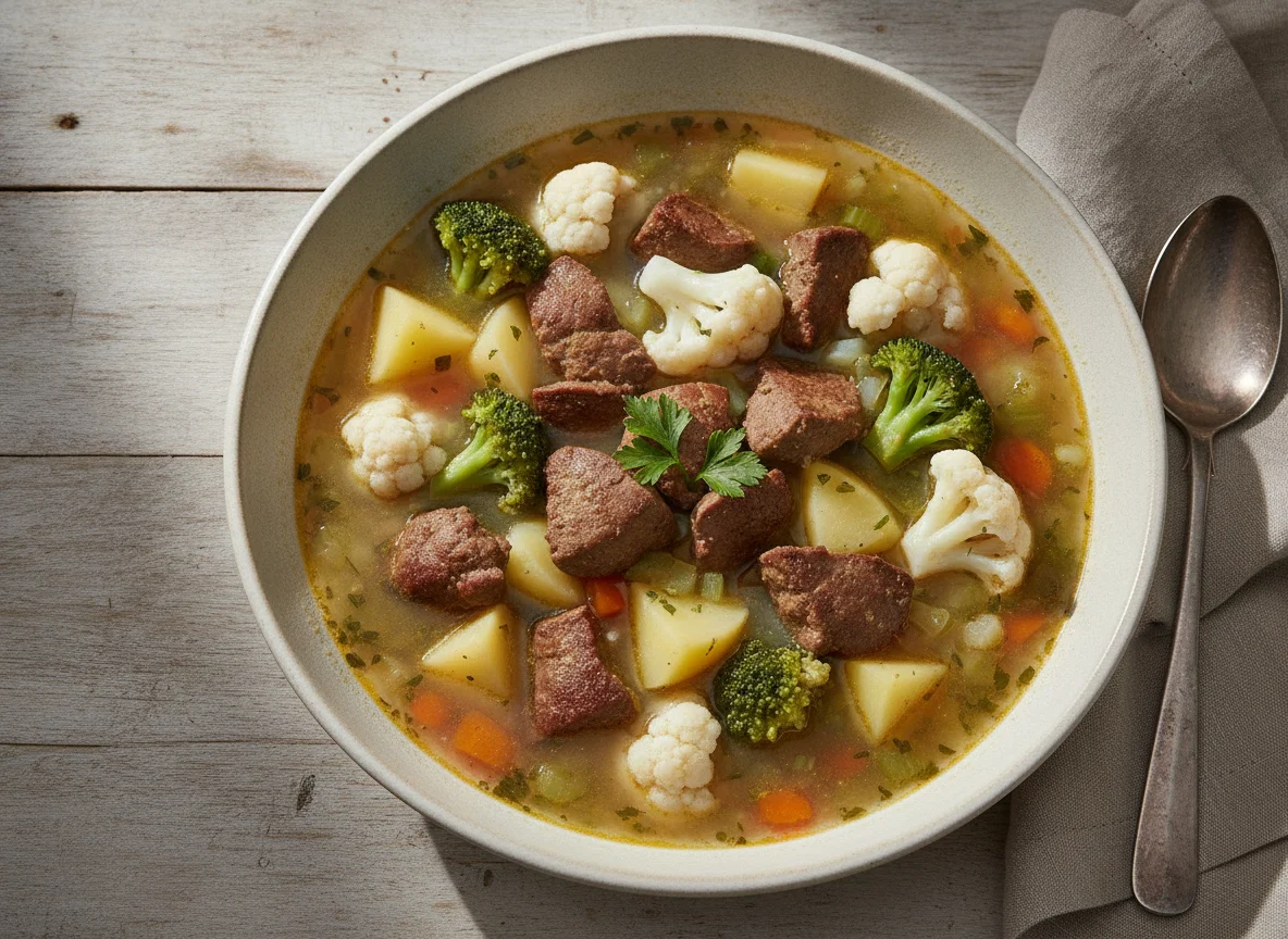 Hígado salteado con brócoli, coliflor, papa y sopa photo