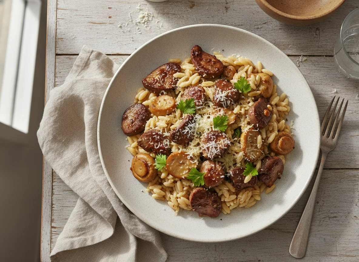 Hígados de pollo con champiñones y pasta orzo photo