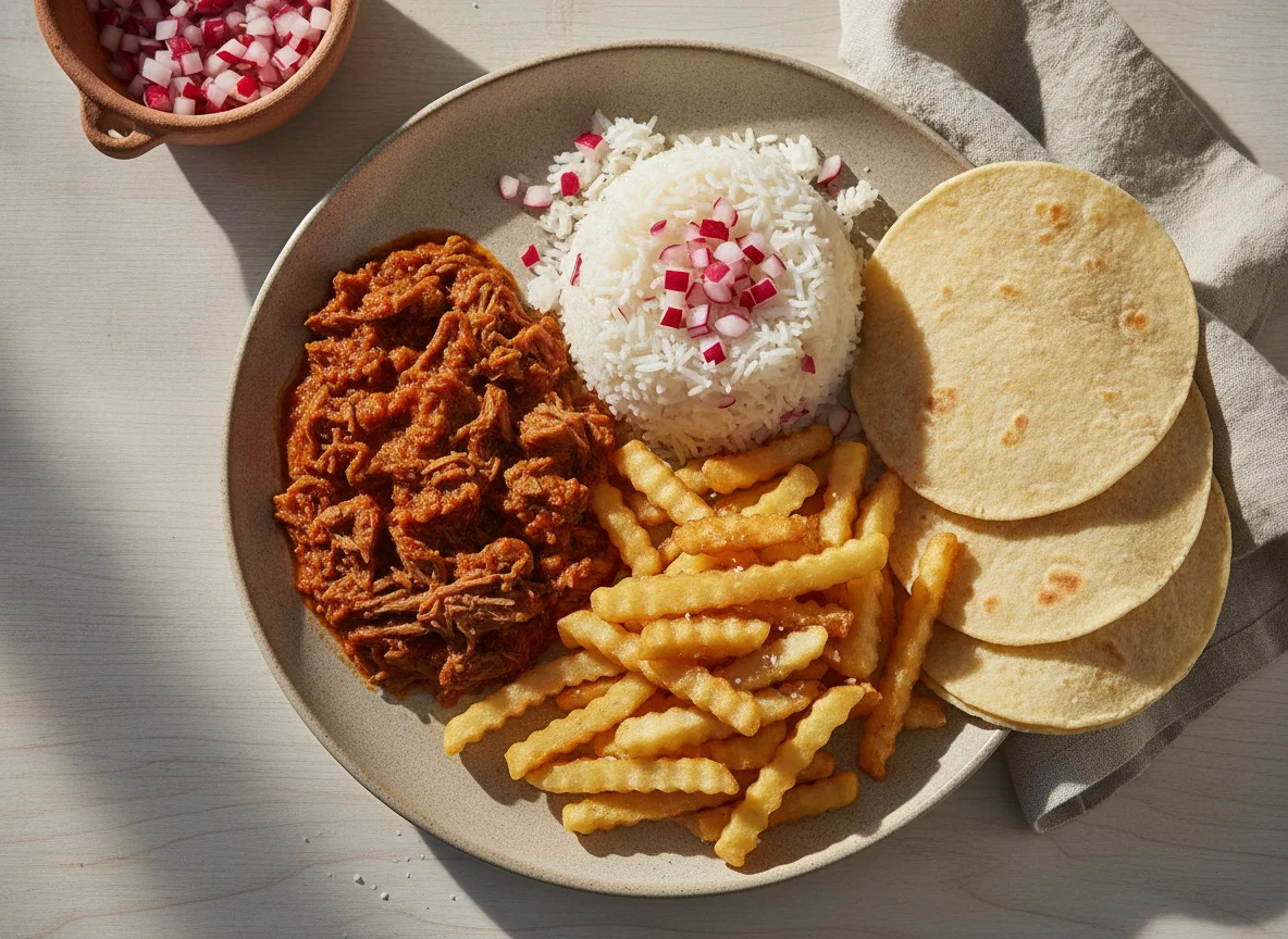 Hilachas con arroz, papas fritas y tortillas photo