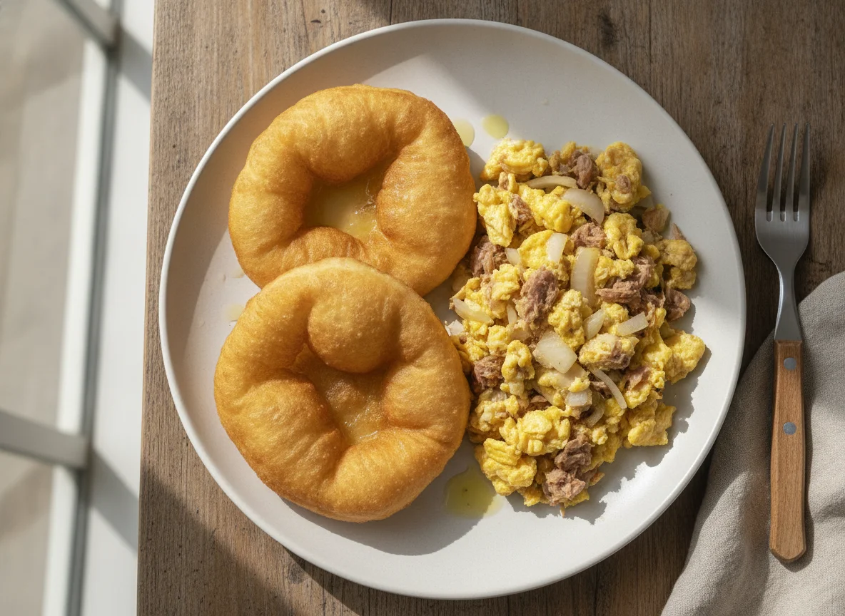 Hojaldre panameño con huevos revueltos y atún photo