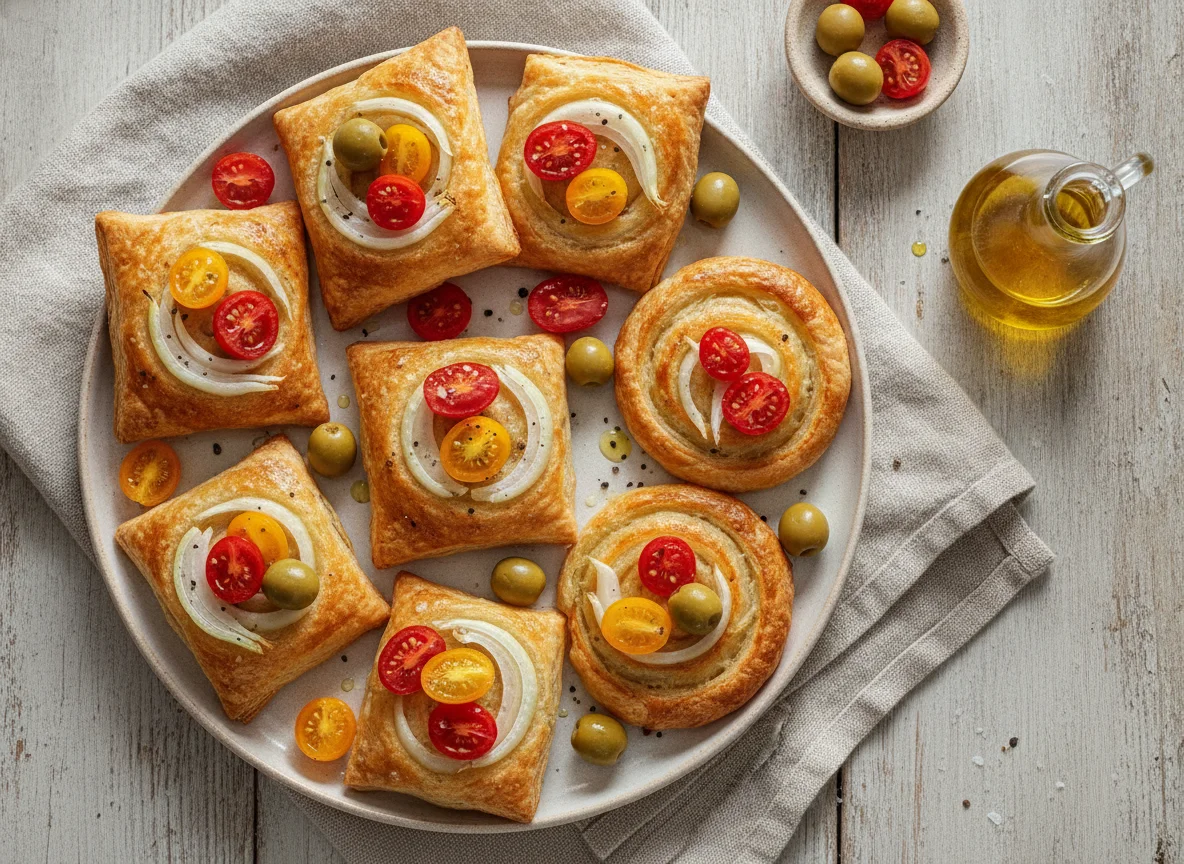 Hojaldres variados con tomate, cebolla y aceitunas photo