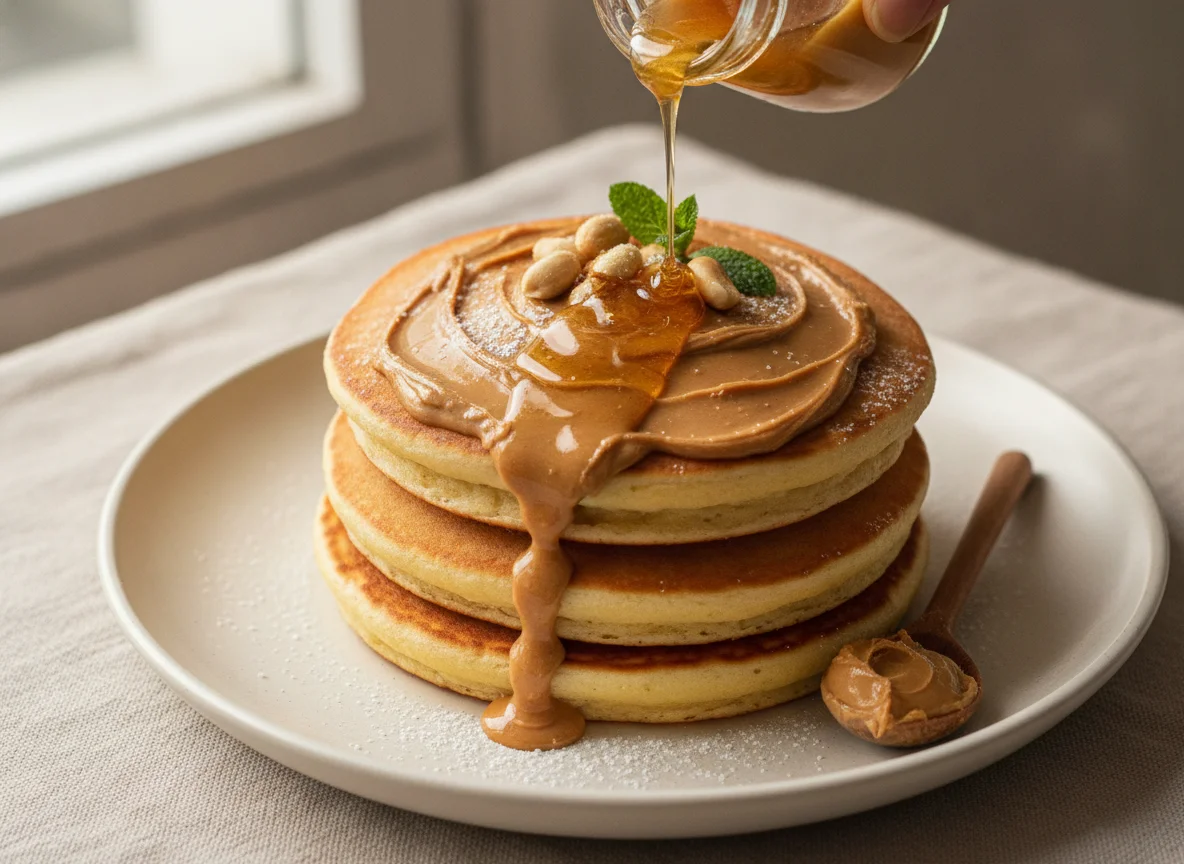 Hot cakes con crema de cacahuate y miel photo