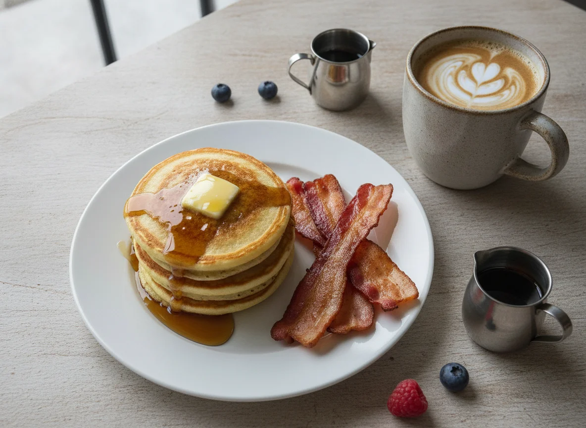 Hot cakes con tocino y café con leche photo