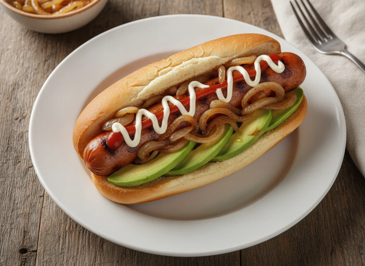 Hot dog con aguacate y cebolla caramelizada photo
