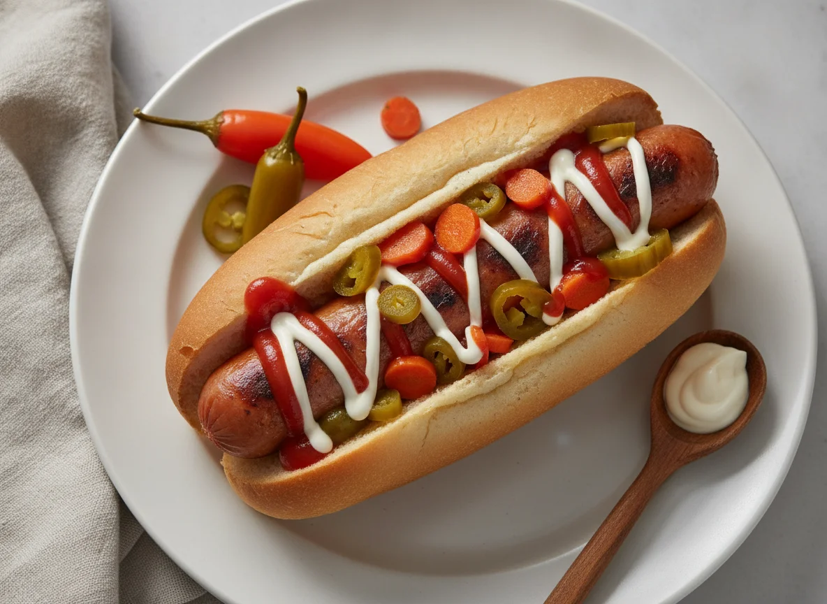 Hot dog con cátsup y chiles photo
