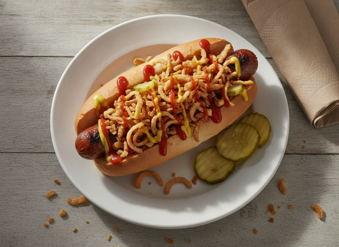 Hot dog con cebolla frita y aderezos photo