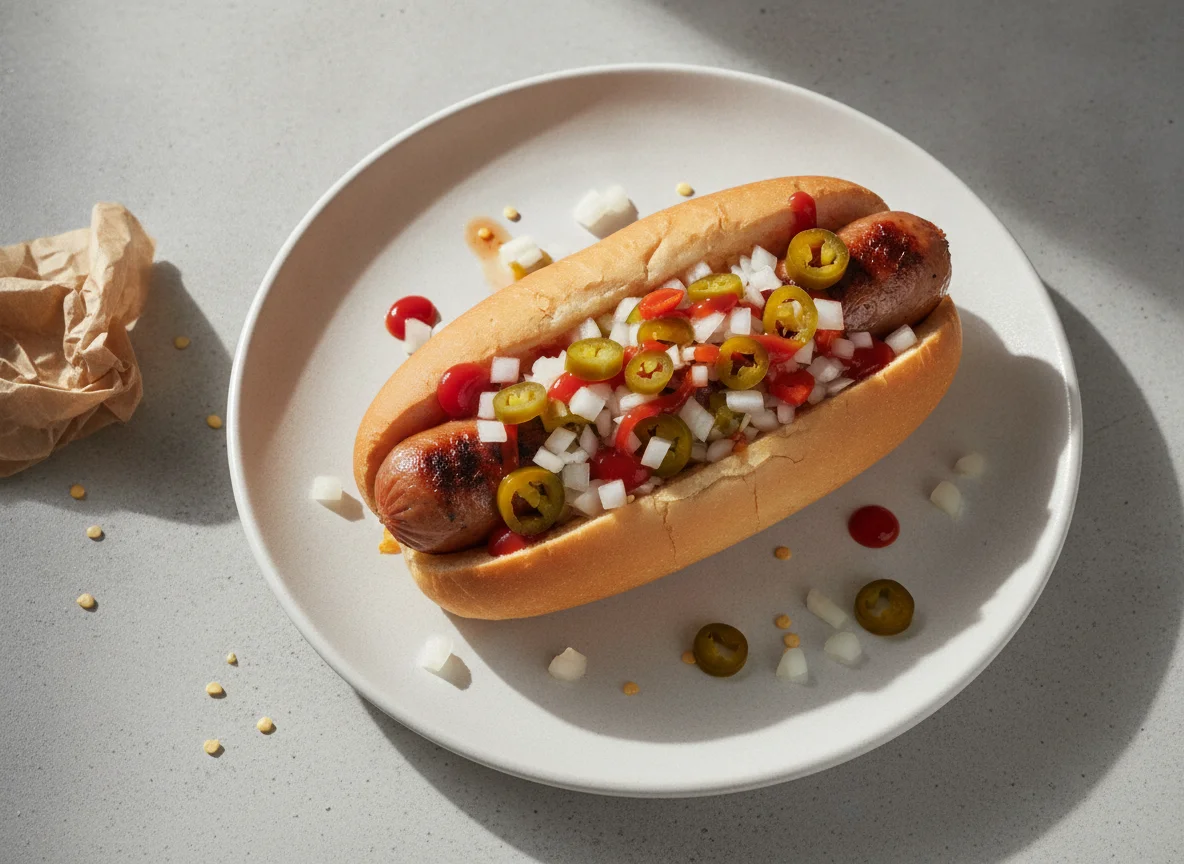 Hot dog con cebolla y chiles photo