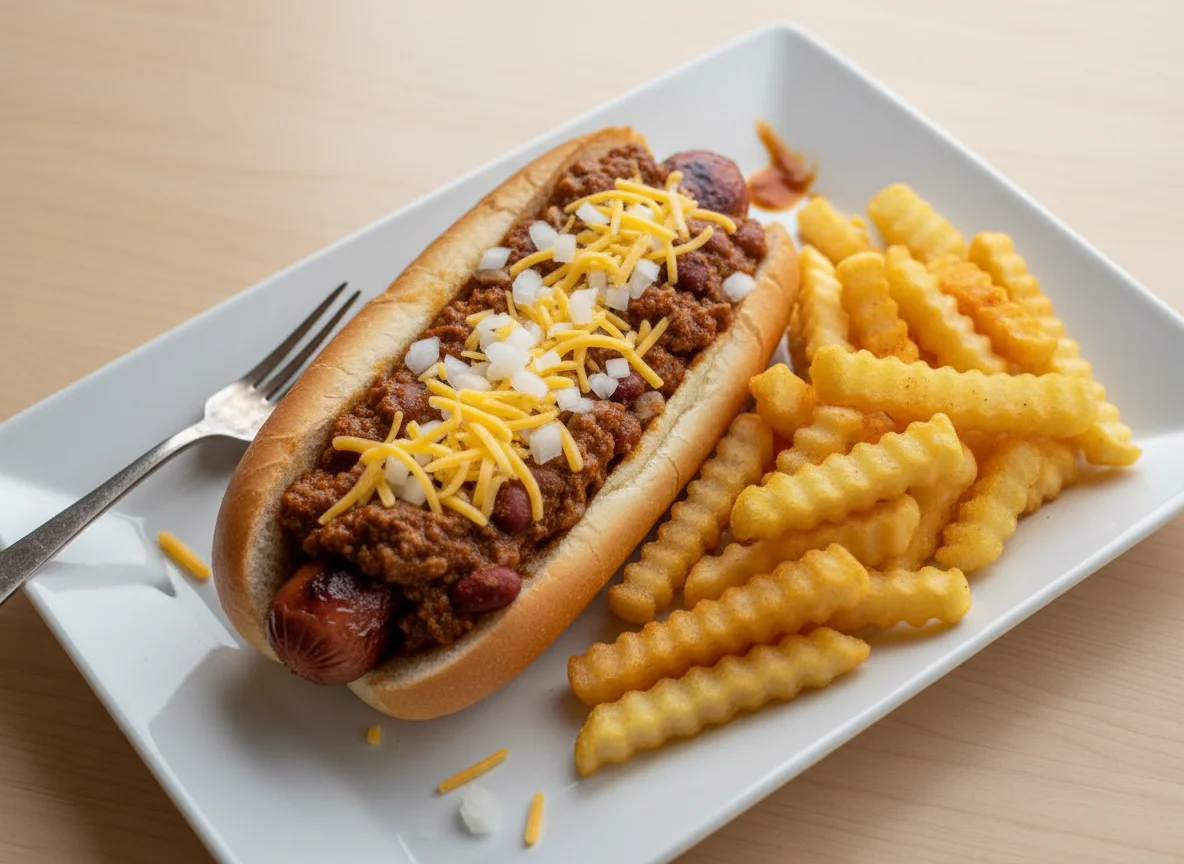 Hot dog con chili y papas fritas photo