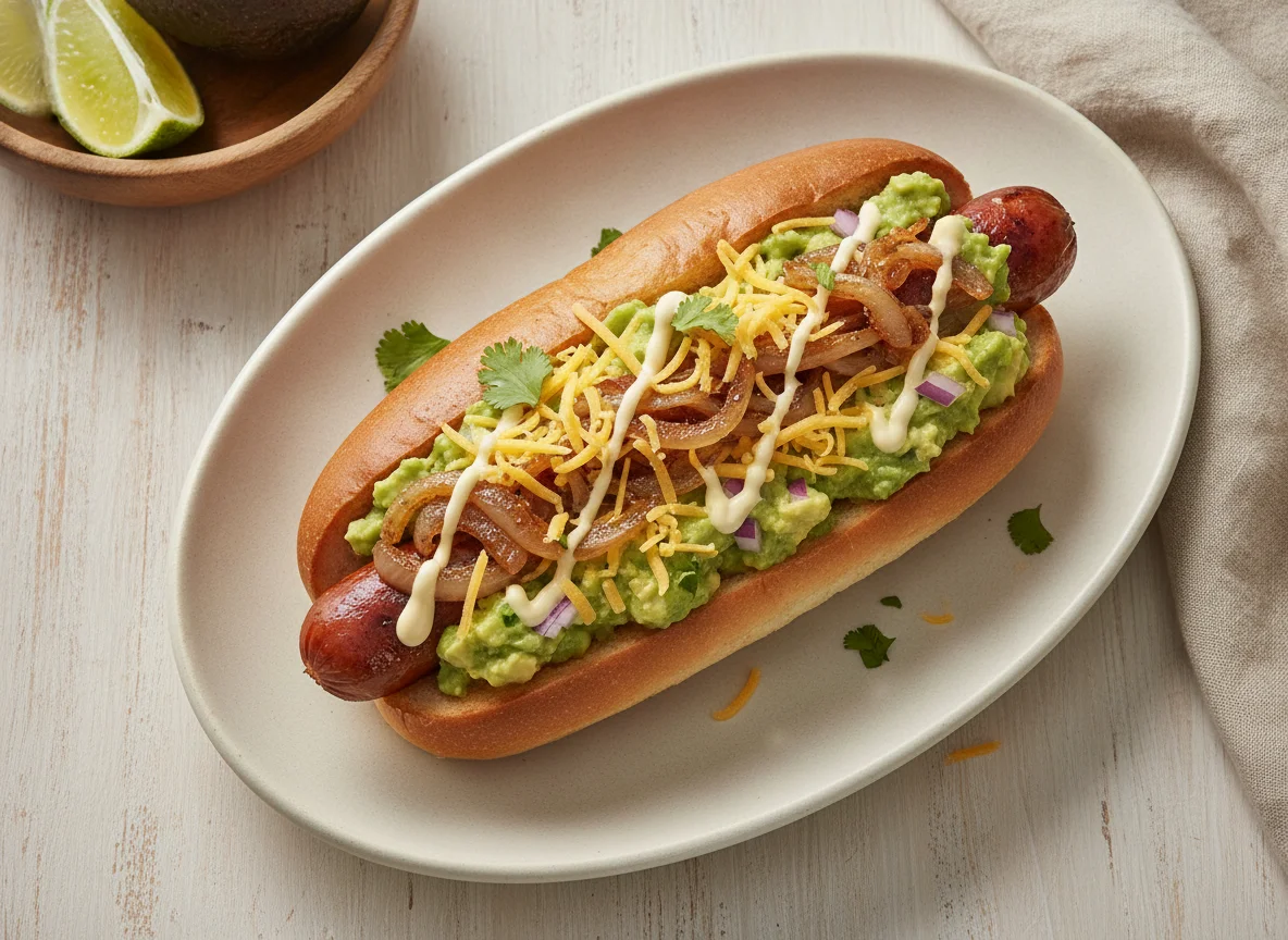 Hot dog con guacamole y cebolla caramelizada photo
