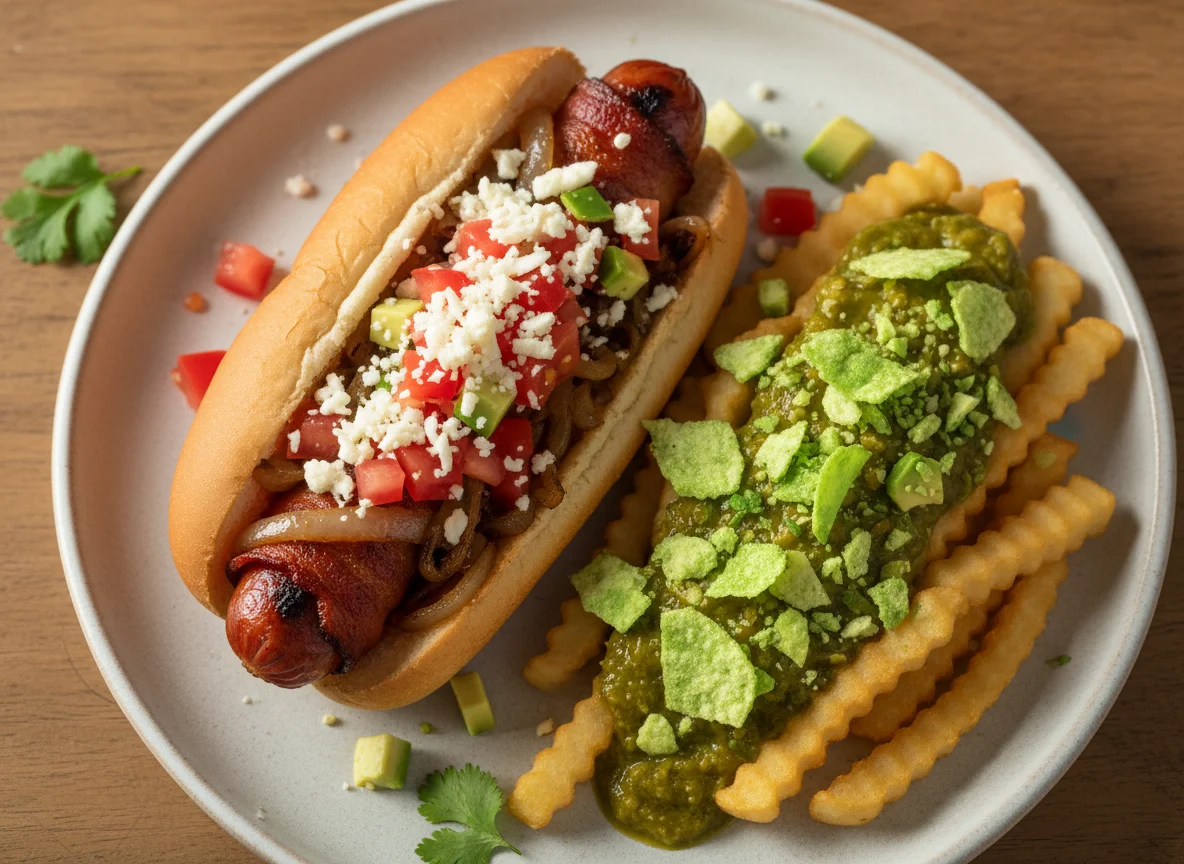 Hot dog con papas en salsa verde photo
