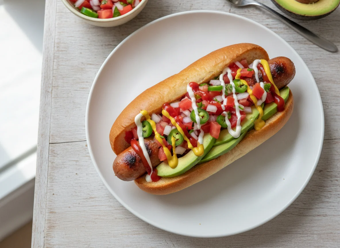 Hot dog con pico de gallo y aderezos photo