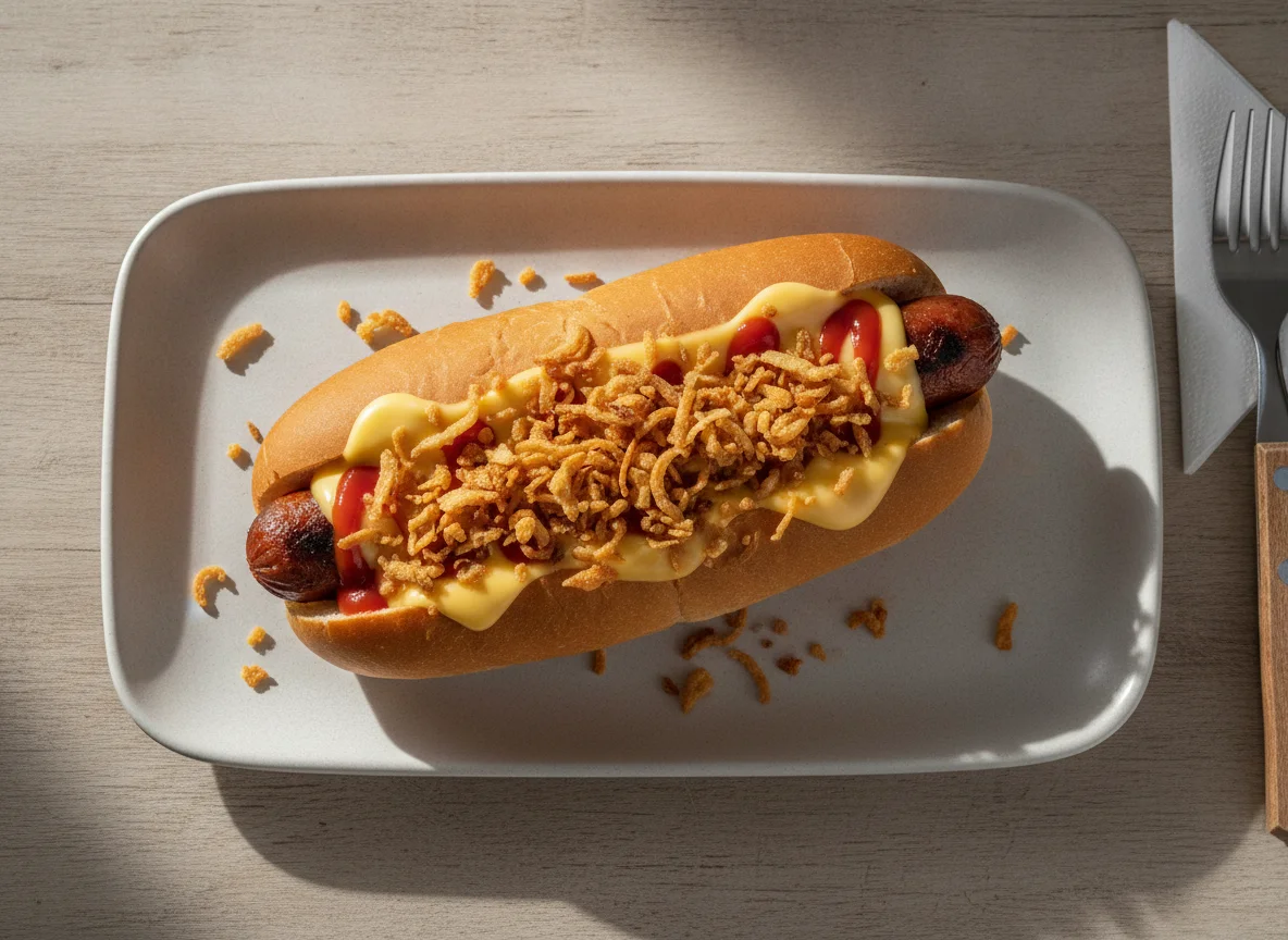 Hot dog con queso y cebolla frita photo