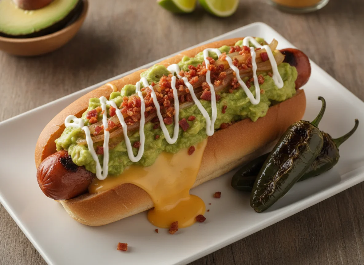 Hot Dog Estilo Mexicano con Guacamole y Queso photo