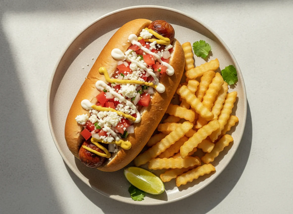 Hot dog estilo mexicano con papas fritas photo