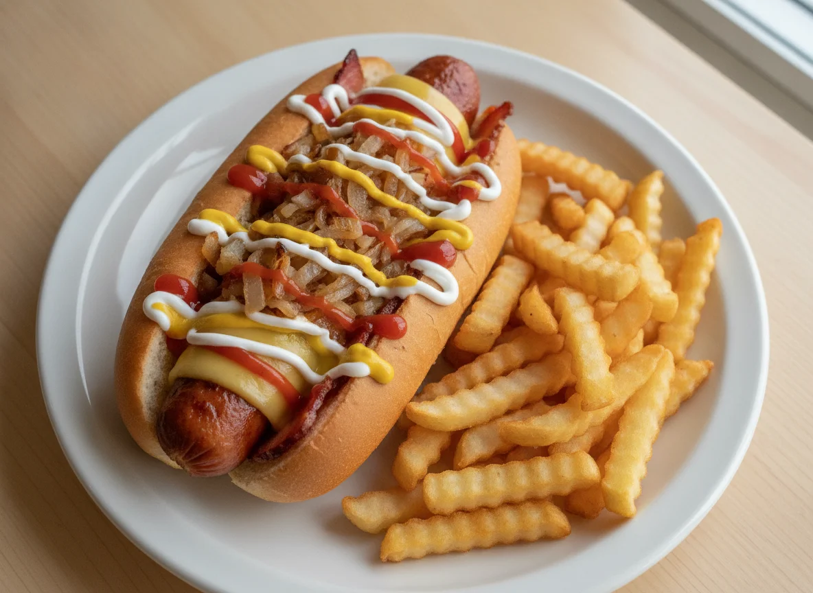 Hot dog estilo Sonora con papas fritas photo