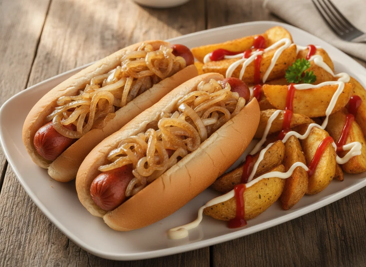 Hot dogs con cebolla caramelizada y papas photo