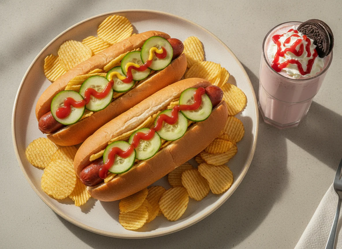 Hot dogs con papas fritas y batido de fresa photo