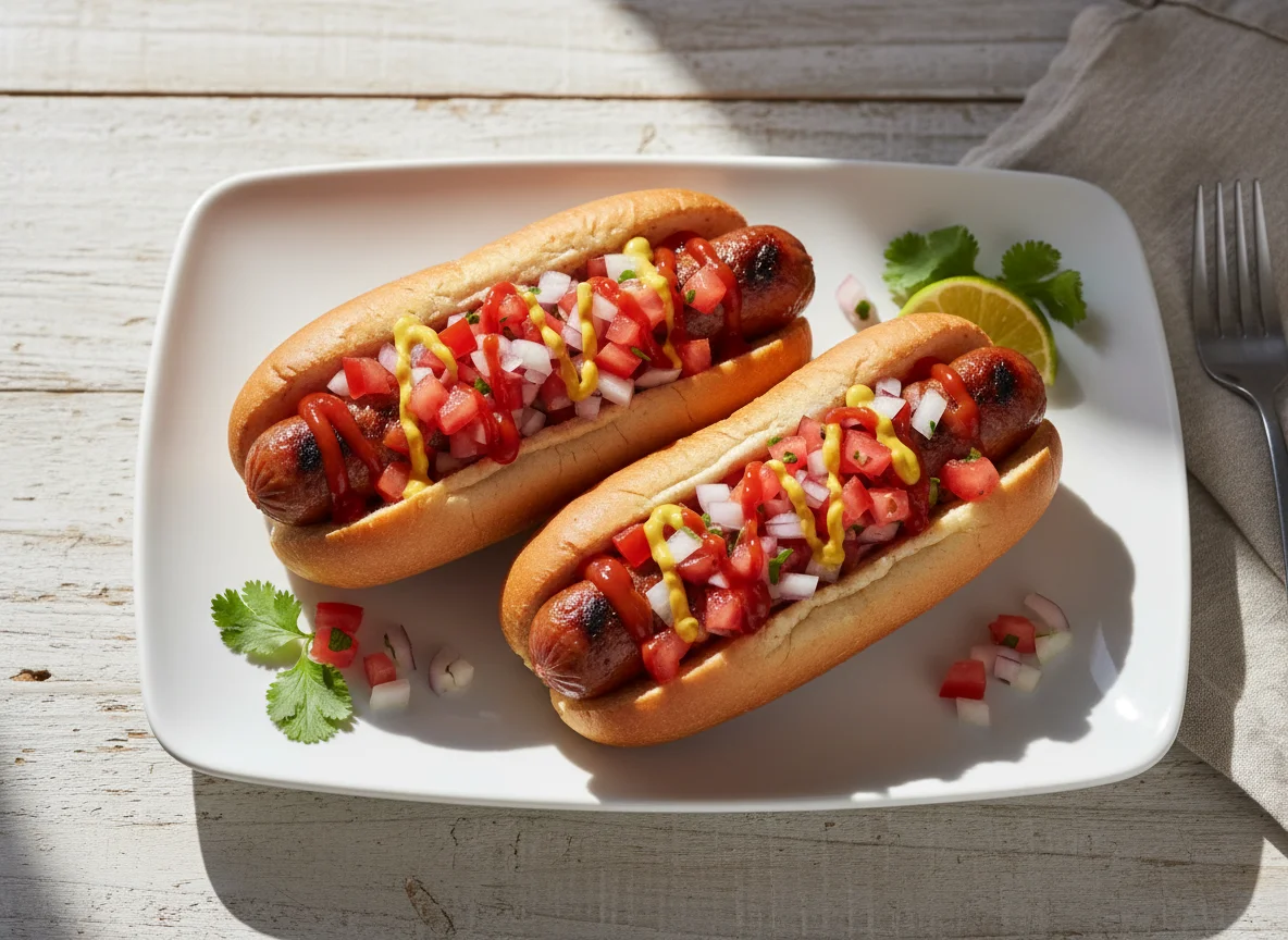 Hot dogs con pico de gallo y mostaza photo