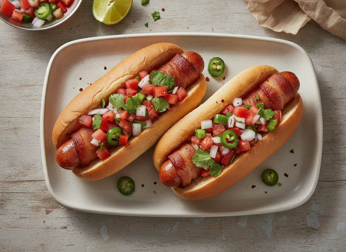 Hot dogs con tocino y pico de gallo photo