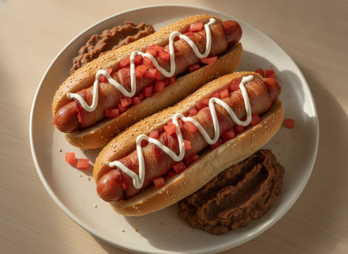 Hot dogs con tocino y tomate photo