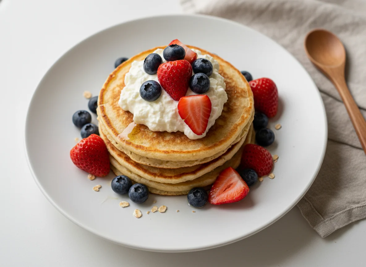 Hotcake de avena con queso batido y frutos rojos photo